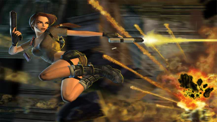 HD PC desktop wallpaper featuring Lara Croft from the video game Tomb Raider: Legend in mid-action, firing dual pistols amid explosions and dynamic motion effects.