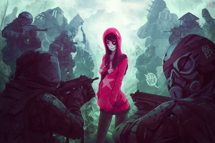 A bold sci-fi warrior in a red hoodie stands defiantly amidst armed soldiers in a dystopian setting, creating a striking HD desktop wallpaper.