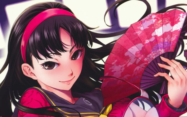 HD desktop wallpaper featuring Yukiko Amagi from Persona 4, depicted with long black hair, a red headband, school uniform, and holding a red fan.