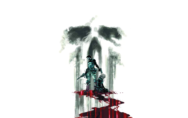 A dynamic 4K Ultra HD wallpaper featuring the Punisher, standing menacingly with bloodstains beneath him, set against a striking, dark background.