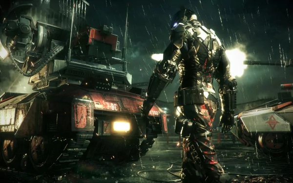 4K Ultra HD PC wallpaper from the video game Batman: Arkham Knight featuring a rain-soaked, armored Batman facing a futuristic tank in a dark, industrial setting.