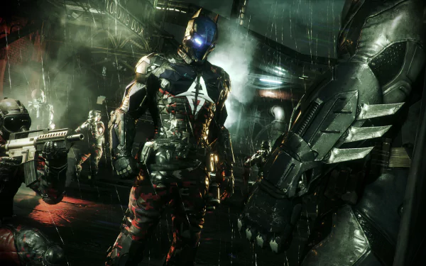 HD desktop wallpaper of Arkham Knight, a video game character also known as Jason Todd, standing in the rain with glowing eyes, armor, and a gun, facing Batman. Background includes armed figures and a dark, moody environment.