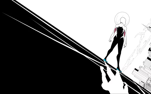 Comic-style Spider-Gwen stands poised on a rooftop edge, casting a sharp shadow, in this 8K Ultra HD PC desktop wallpaper background.