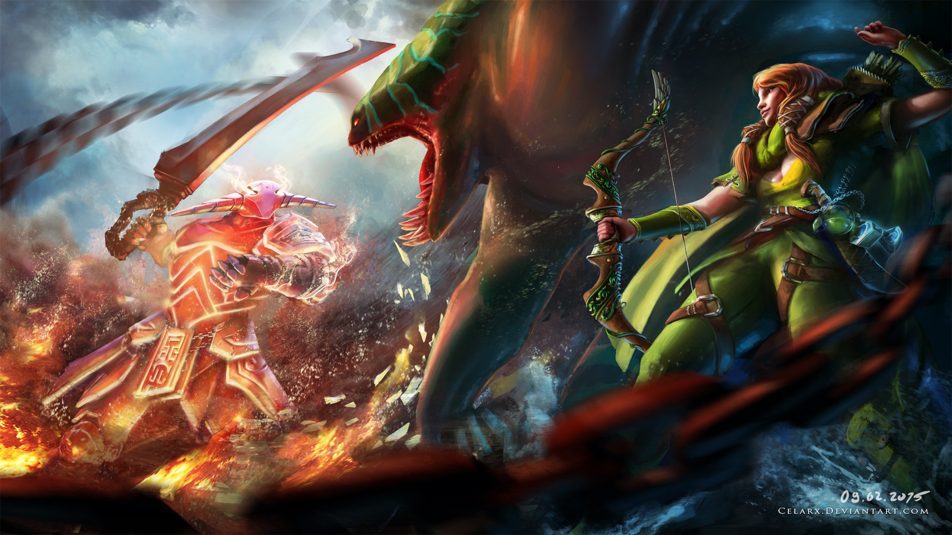 HD PC wallpaper of a DotA 2 battle: armored swordsman clashes with a roaring beast as a green-clad woman warrior archer draws her bow amid a fiery battlefield.