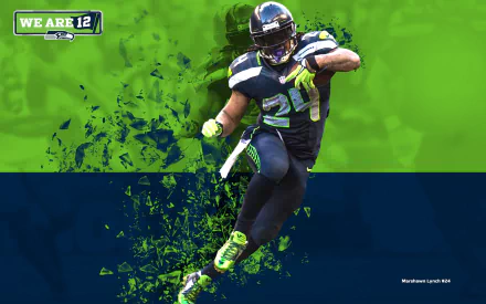 HD desktop wallpaper and background featuring a Seattle Seahawks player in action with vibrant green and blue colors and the text WE ARE 12 in the corner.