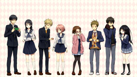 HD desktop wallpaper featuring characters from anime Beyond the Boundary and Hyouka, including Mitsuki Nase, Hiroomi Nase, Mirai Kuriyama, and Akihito Kanbara, standing in a line against a patterned background.