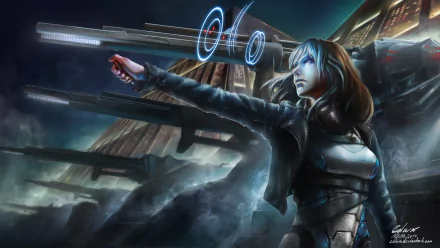 A fearless woman warrior stands confidently, aiming a futuristic weapon amidst a towering building and sci-fi cannons, embodying strength and determination in this striking HD wallpaper.