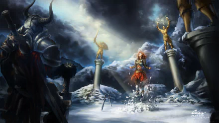 4K Ultra HD Diablo III wallpaper featuring a snow-covered warrior statue with horns, armor, and sword, depicting a powerful woman Barbarian in a dramatic, stormy landscape.