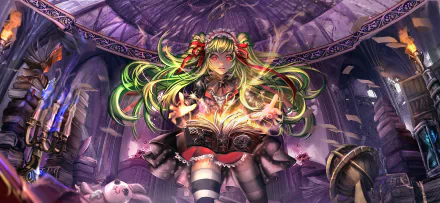 A magical anime girl with green hair and red eyes casts a spell from an open book in a mystical library, surrounded by enchanting elements. A captivating HD wallpaper for fantasy lovers.