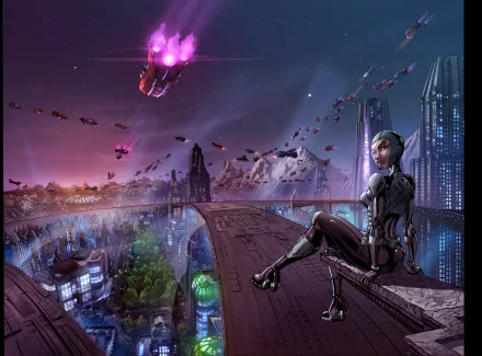 A woman in futuristic attire sits on a skyscraper ledge overlooking a sprawling sci-fi cityscape with flying vehicles under a vibrant purple sky in 8K Ultra HD.