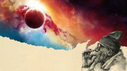 A man smoking contemplatively gazes at a vibrant cosmic scene, featuring a colorful nebula and a distant planet, creating an artistic and surreal atmosphere. HD wallpaper for desktop use.