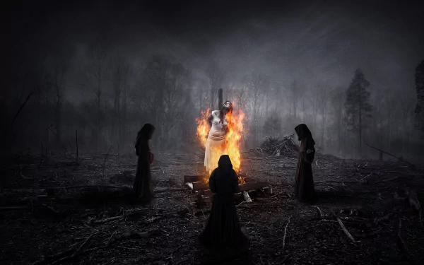 Dark and atmospheric HD wallpaper from American Horror Story: Coven, featuring shadowy figures surrounding a fiery scene in an eerie forest setting.