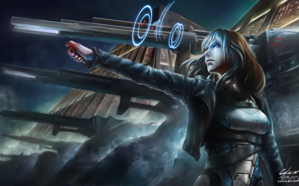 A fearless woman warrior stands confidently, aiming a futuristic weapon amidst a towering building and sci-fi cannons, embodying strength and determination in this striking HD wallpaper.