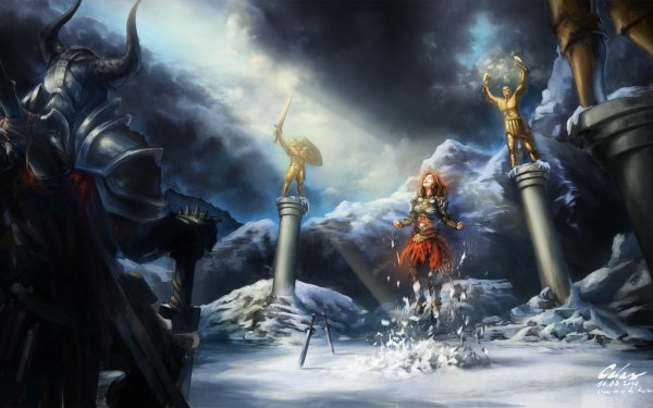Video Game Diablo III Diablo Barbarian Woman Warrior Warrior Statue Sword Armor Horns Snow HD Wallpaper | Background Image