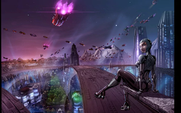 A woman in futuristic attire sits on a skyscraper ledge overlooking a sprawling sci-fi cityscape with flying vehicles under a vibrant purple sky in 8K Ultra HD.