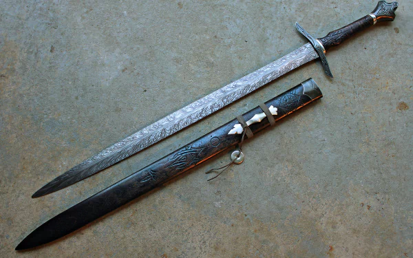 4K Ultra HD image of a man-made Heimdall Sword with a detailed blade and ornate scabbard resting on a textured surface, captured as a desktop wallpaper background.