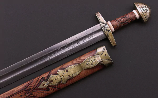 Éothéod Oldland Sword with ornate hilt and sheath, showcased as a 4K Ultra HD man-made sword on a dark background, designed for PC desktop wallpaper and background.