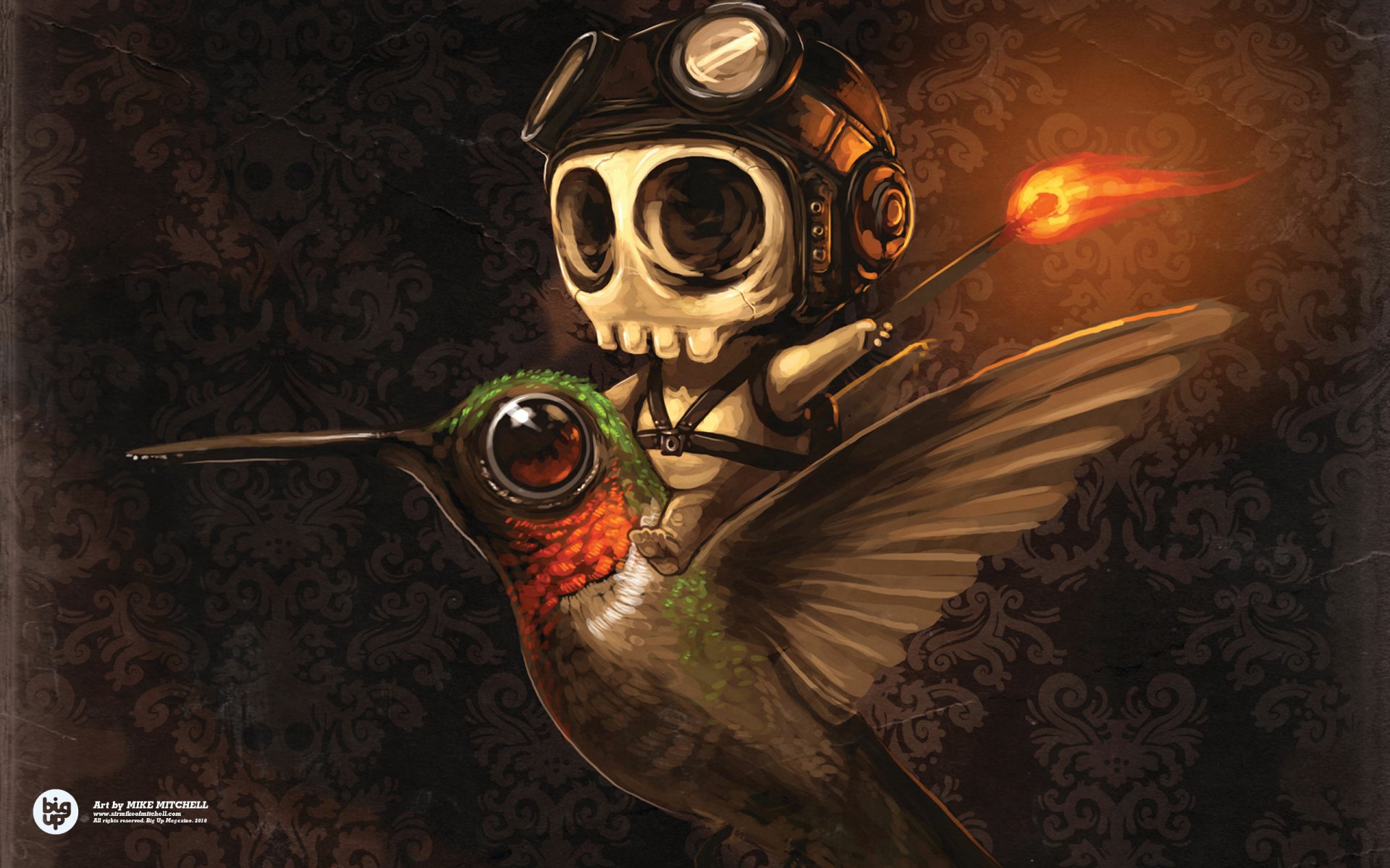 A fantasy-themed HD PC wallpaper featuring a small skeleton figure in goggles riding a vibrant hummingbird with glowing light trailing behind.
