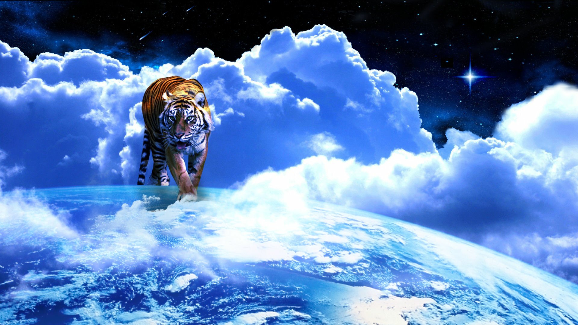 HD PC desktop wallpaper featuring a majestic tiger walking above Earth, surrounded by clouds and a starry night sky.
