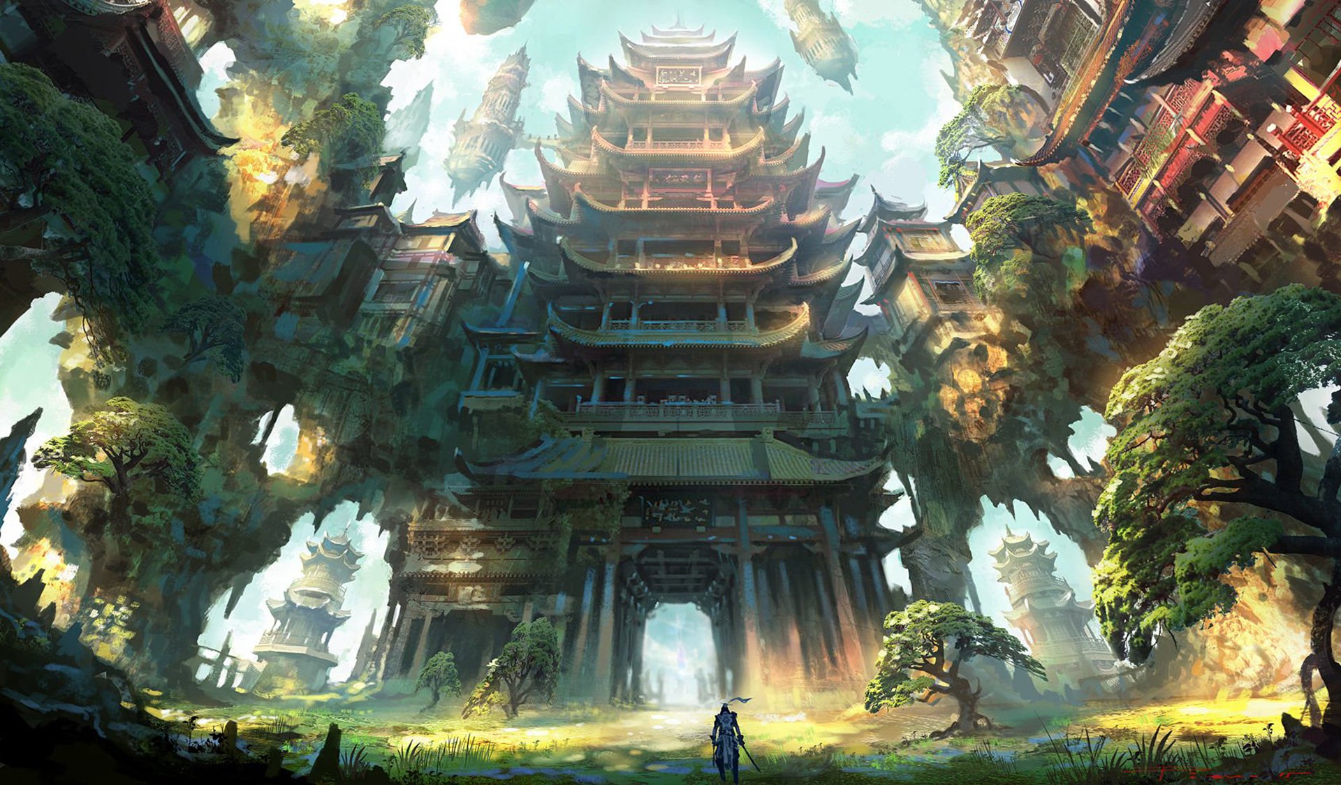 HD desktop wallpaper of an anime landscape featuring a majestic city with towering pagoda-style buildings enveloped by large trees and soft sunlight streaming through the leaves.