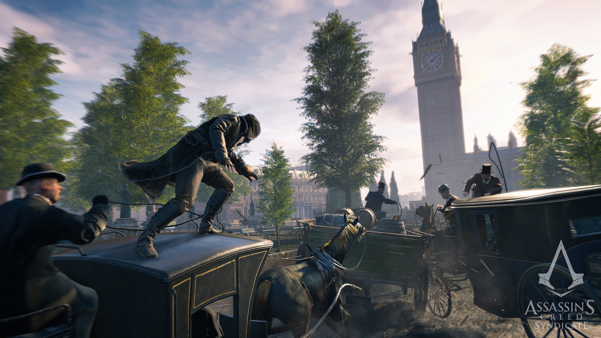 Jacob Frye from the video game Assassin's Creed: Syndicate leaps on a carriage in a dynamic HD PC desktop wallpaper featuring a London cityscape with Big Ben.