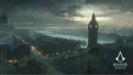 A stunning 4K Ultra HD wallpaper from Assassin's Creed: Syndicate, featuring a moody London skyline with Big Ben and a river under dramatic clouds and ambient lights.