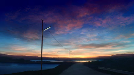 A serene anime landscape featuring a tranquil waterway, dotted with poles, beneath a beautifully colored sky filled with clouds during sunset. High-definition wallpaper for your desktop.