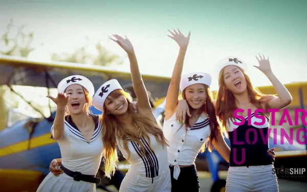 A vibrant HD wallpaper featuring the K-pop group Sistar, showcasing the members joyfully posing in sailor outfits against a backdrop of a vintage airplane. The text SISTAR LOVING U is prominently displayed.