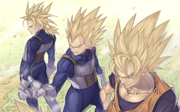 Three characters from Dragon Ball Z stand back-to-back, showcasing their iconic spiky hair and distinct outfits, creating a striking HD desktop wallpaper and background.