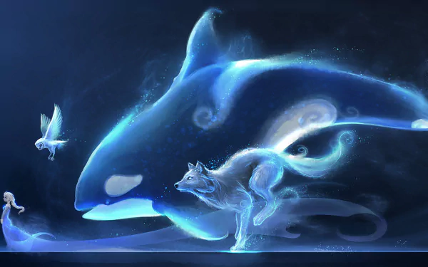 A fantastical scene features an orca, a wolf, and an owl in ethereal shades of blue, set against a frozen backdrop, creating a serene and imaginative atmosphere.