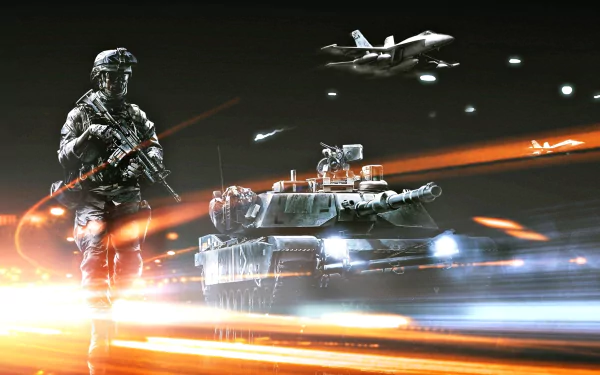 4K Ultra HD Battlefield 3 PC wallpaper featuring a soldier, tank, and fighter jet in intense military combat action.