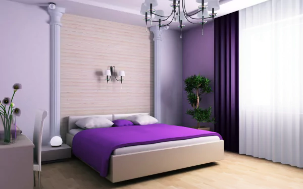 A modern bedroom featuring a purple bedspread, elegant furniture, and stylish decor. Natural light flows in through sheer curtains, creating a serene atmosphere. 4K Ultra HD wallpaper.