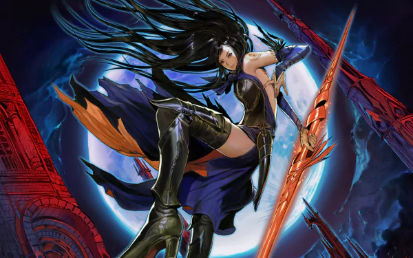 HD PC desktop wallpaper featuring Shanoa from the video game Castlevania: Order of Ecclesia, showcasing dynamic action with dark gothic architecture and vibrant colors.