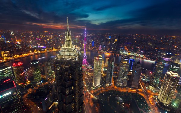 Man Made Shanghai Cities China Night Aerial Architecture HD Wallpaper | Background Image