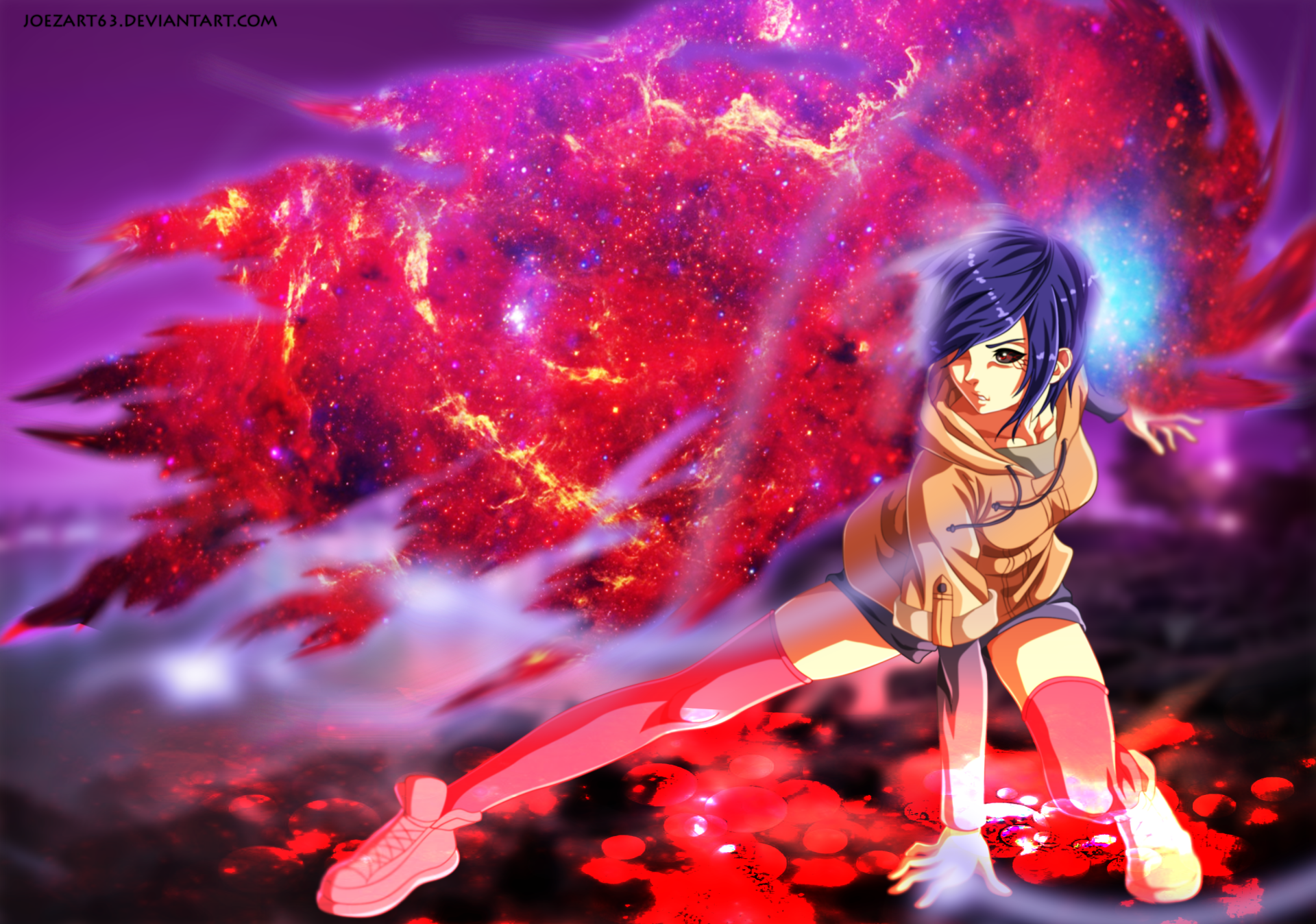 HD desktop wallpaper featuring Touka Kirishima from Tokyo Ghoul, with purple hair and kagune, dressed in shorts and thigh highs, set against a vibrant cosmic background.