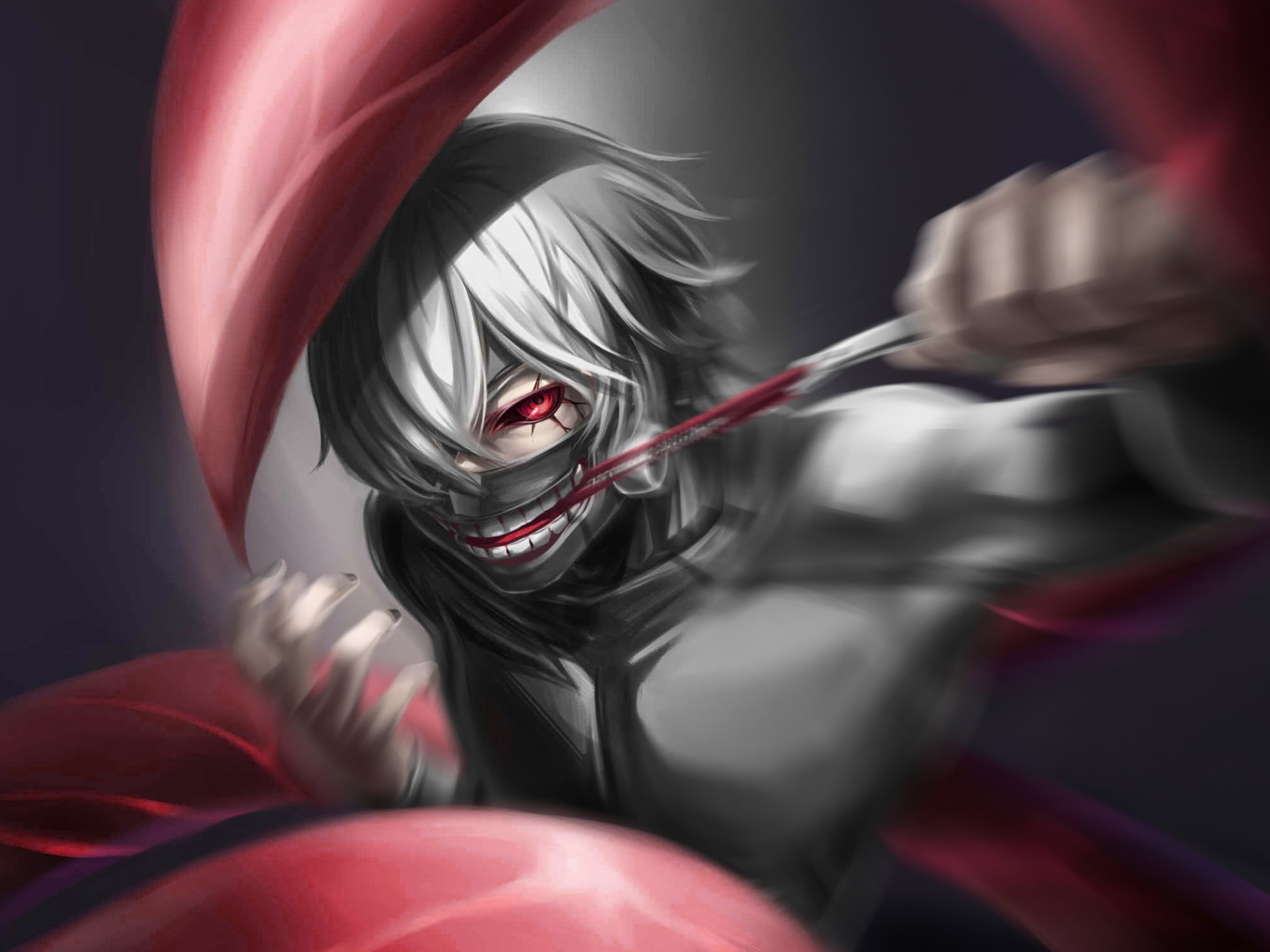 HD desktop wallpaper featuring Ken Kaneki from the anime Tokyo Ghoul, showcasing an intense and action-packed scene with Ken's signature red eye and mask.
