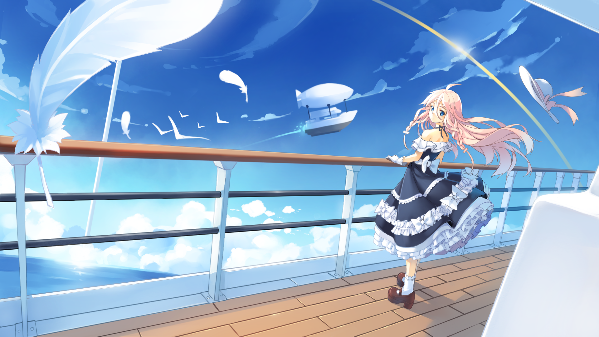 A scenic HD wallpaper featuring IA, a Vocaloid character with pink hair and blue eyes, wearing a stylish hat and dress, standing on a ship with a vibrant sky and clouds in the background.