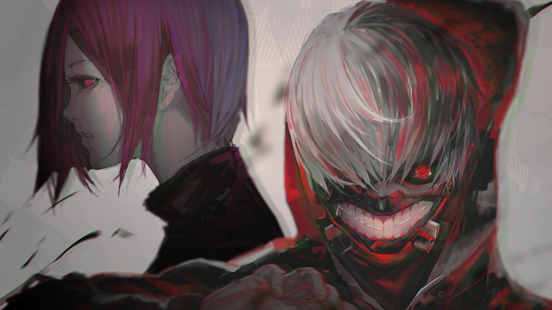 HD wallpaper featuring Ken Kaneki and Touka Kirishima from the anime Tokyo Ghoul, showcasing their contrasting personalities in a striking, artistic style.