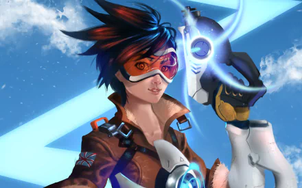 HD PC desktop wallpaper featuring Tracer from the video game Overwatch, showcasing her dynamic pose with her pulse pistols against a bright, energetic background.