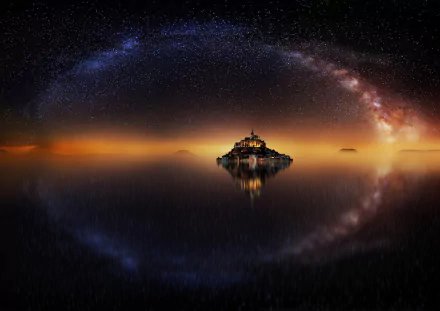 A stunning night landscape featuring Mont Saint-Michel under a starry sky, with the Milky Way arching overhead, creating a tranquil and otherworldly atmosphere.