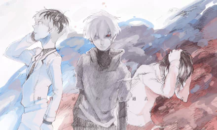 HD desktop wallpaper featuring Ken Kaneki and Haise Sasaki from Tokyo Ghoul:re. The artwork portrays the characters in an ethereal style with muted colors and abstract backgrounds.