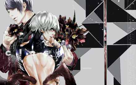 A striking HD wallpaper featuring Ken Kaneki and Shū Tsukiyama from Tokyo Ghoul, set against a geometric background with dark floral elements, showcasing their intense characters.