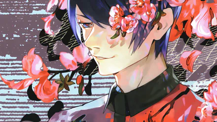 An HD desktop wallpaper featuring Shū Tsukiyama from Tokyo Ghoul, adorned with vibrant flowers and a serene expression, showcasing the blend of beauty and complexity in the anime.