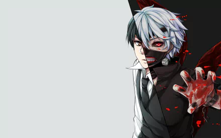 HD desktop wallpaper featuring Ken Kaneki from Tokyo Ghoul with heterochromatic eyes, black and white hair, a mask, and Kagune. His hand has blood, and he’s wearing a tie.