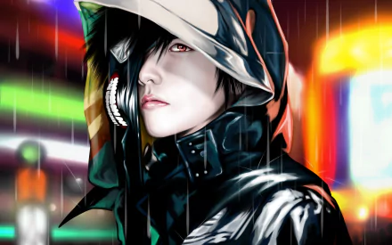 HD wallpaper of Ken Kaneki from Tokyo Ghoul, featuring a stylish character in a hooded jacket, set against a vibrant, rain-soaked urban backdrop.