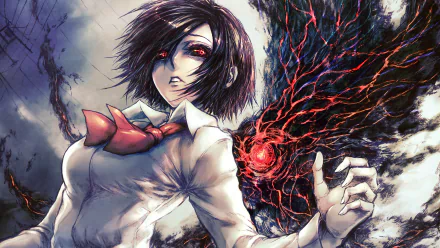 Anime HD wallpaper featuring Touka Kirishima from Tokyo Ghoul, with short hair, red eyes, a white shirt and red tie, and a Kagune emerging from her back.