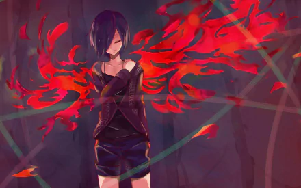 Anime character Touka Kirishima from Tokyo Ghoul, with short purple hair, wearing a sweater and shorts, showcasing her Kagune in a HD wallpaper background.
