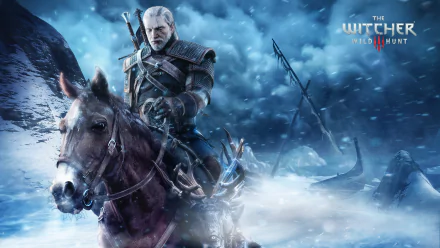 HD desktop wallpaper featuring Geralt of Rivia on horseback in a snowy landscape from The Witcher 3: Wild Hunt video game.
