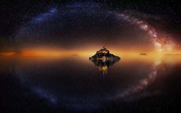 A stunning night landscape featuring Mont Saint-Michel under a starry sky, with the Milky Way arching overhead, creating a tranquil and otherworldly atmosphere.