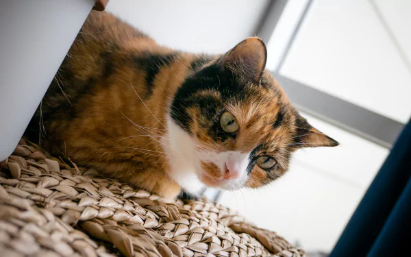 A close-up of a calico cat resting on a woven mat, with a soft bokeh background, creating a serene HD desktop wallpaper ambiance.